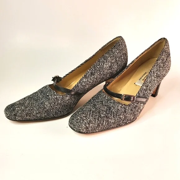Tweed Vintage Talbots Office Heels with Buckled Leather Band - Picture 5 of 15